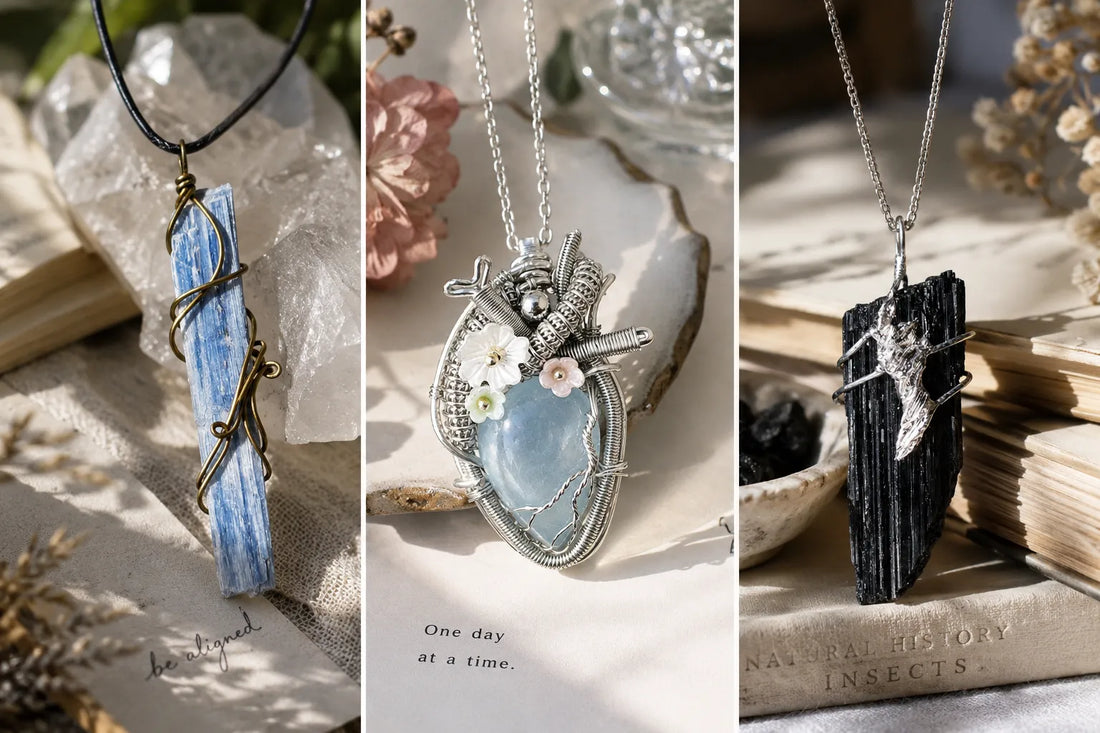 Handmade crystal necklaces in natural light showing three personal jewelry styles: kyanite, crystal heart, and black tourmaline
