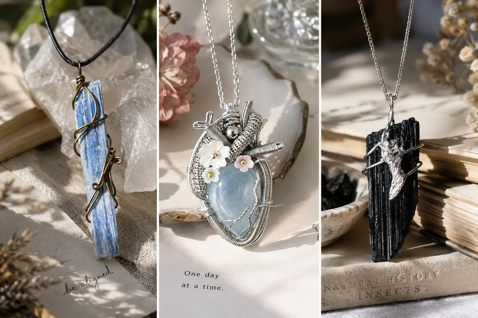 Handmade crystal necklaces in natural light showing three personal jewelry styles: kyanite, crystal heart, and black tourmaline