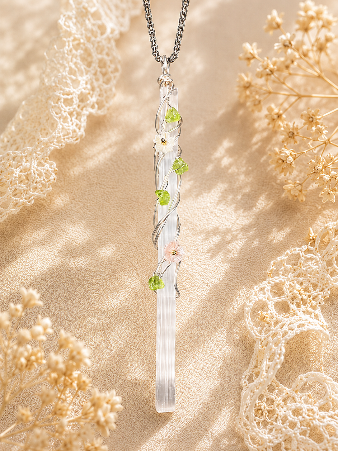 Selenite garden wire wrapped necklace symbolizing peace, light, and a thoughtful handmade gift