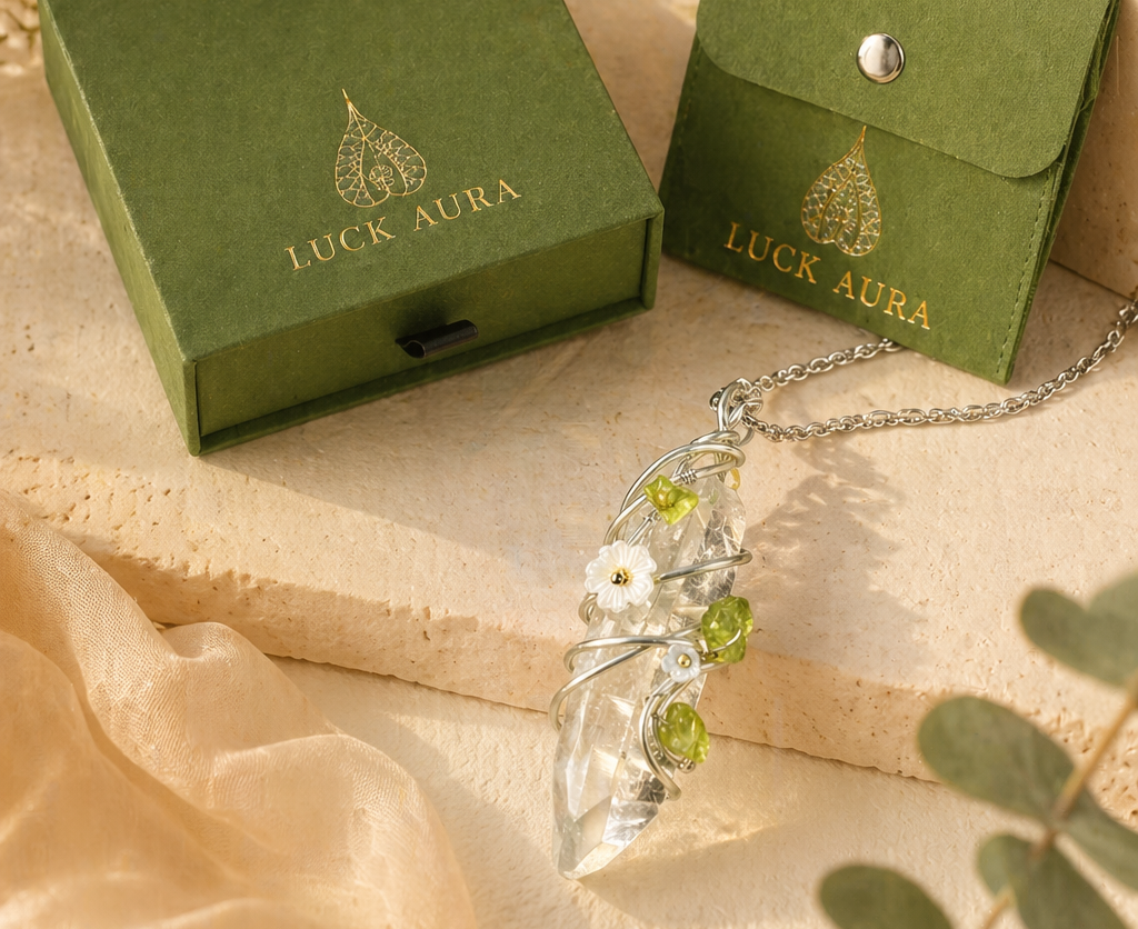 Handcrafted crystal necklace styled as a meaningful gift with soft natural light