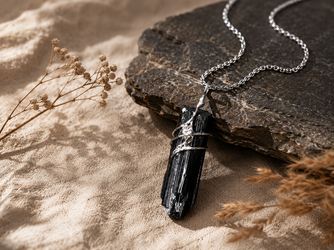 Handcrafted black crystal necklace symbolizing grounding and quiet strength