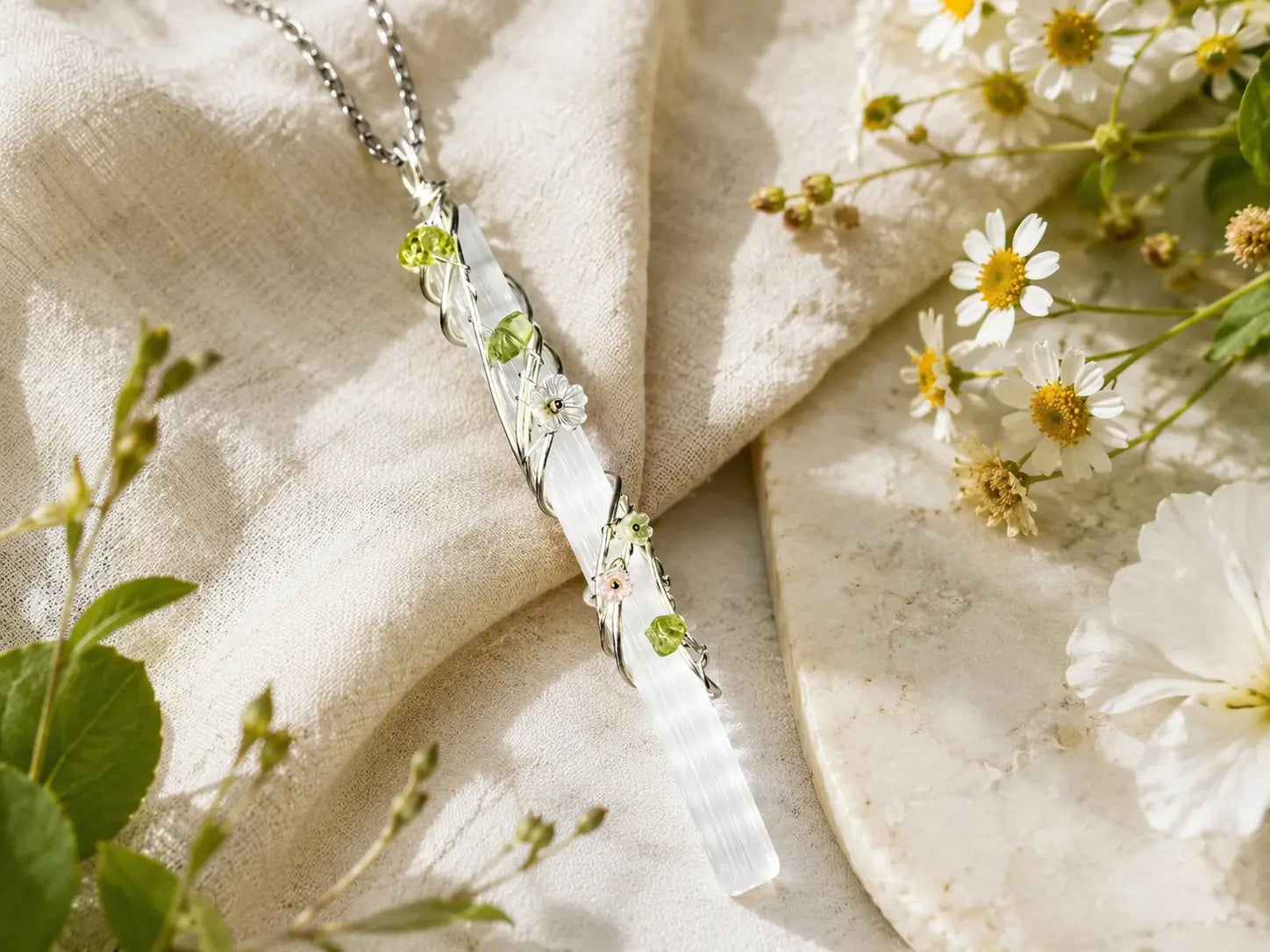 Selenite garden wire wrapped necklace styled in soft natural light as part of a peaceful daily ritual