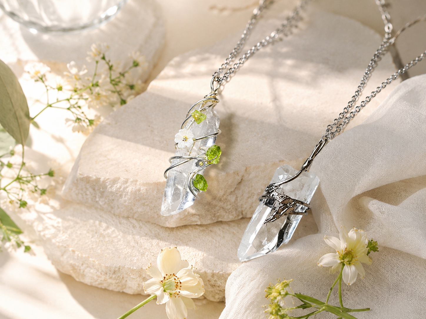 Clear quartz handcrafted necklaces displayed on pale stone and linen for calm, clarity, and emotional balance