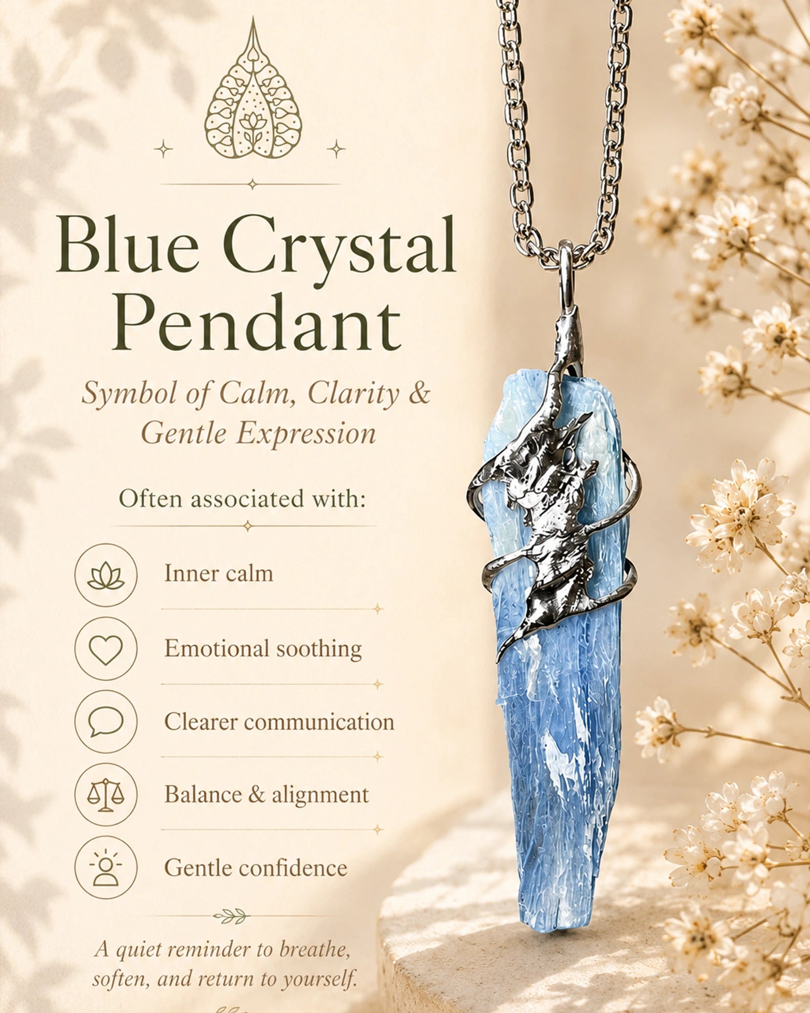 Kyanite crystal necklace representing alignment, inner balance, clear communication, intuition, and calm focused energy.