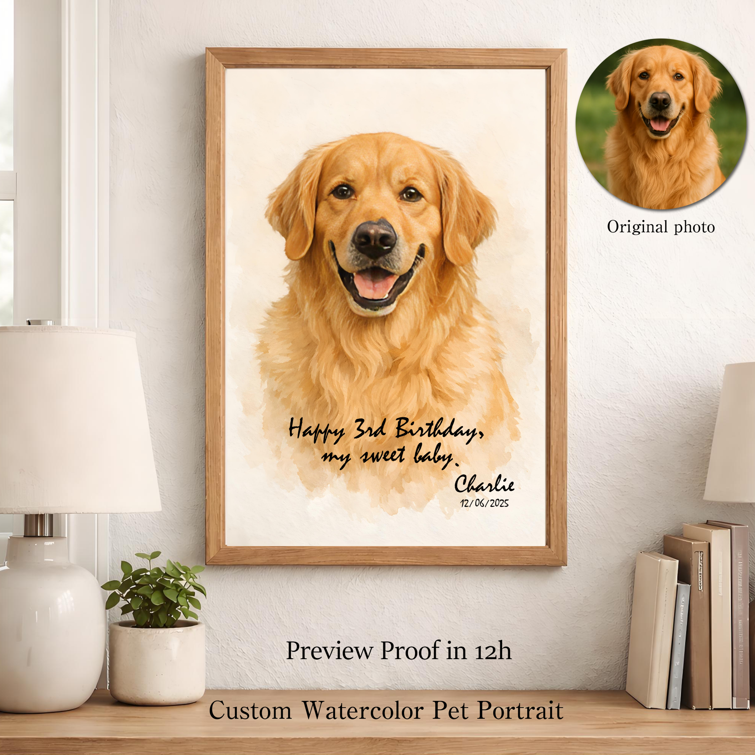 Custom Dog or Cat Memorial Portrait from Photo, Printable Wall Art, Digital Download