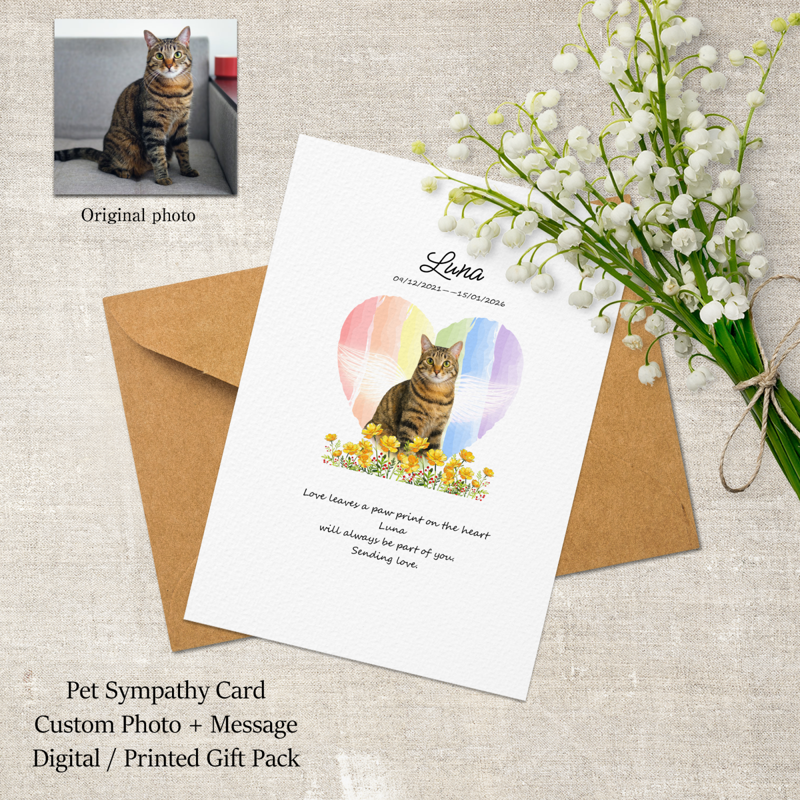 Personalized Pet Memorial Card Condolence Cardwith Photo & Message (Digital or Printed Option)