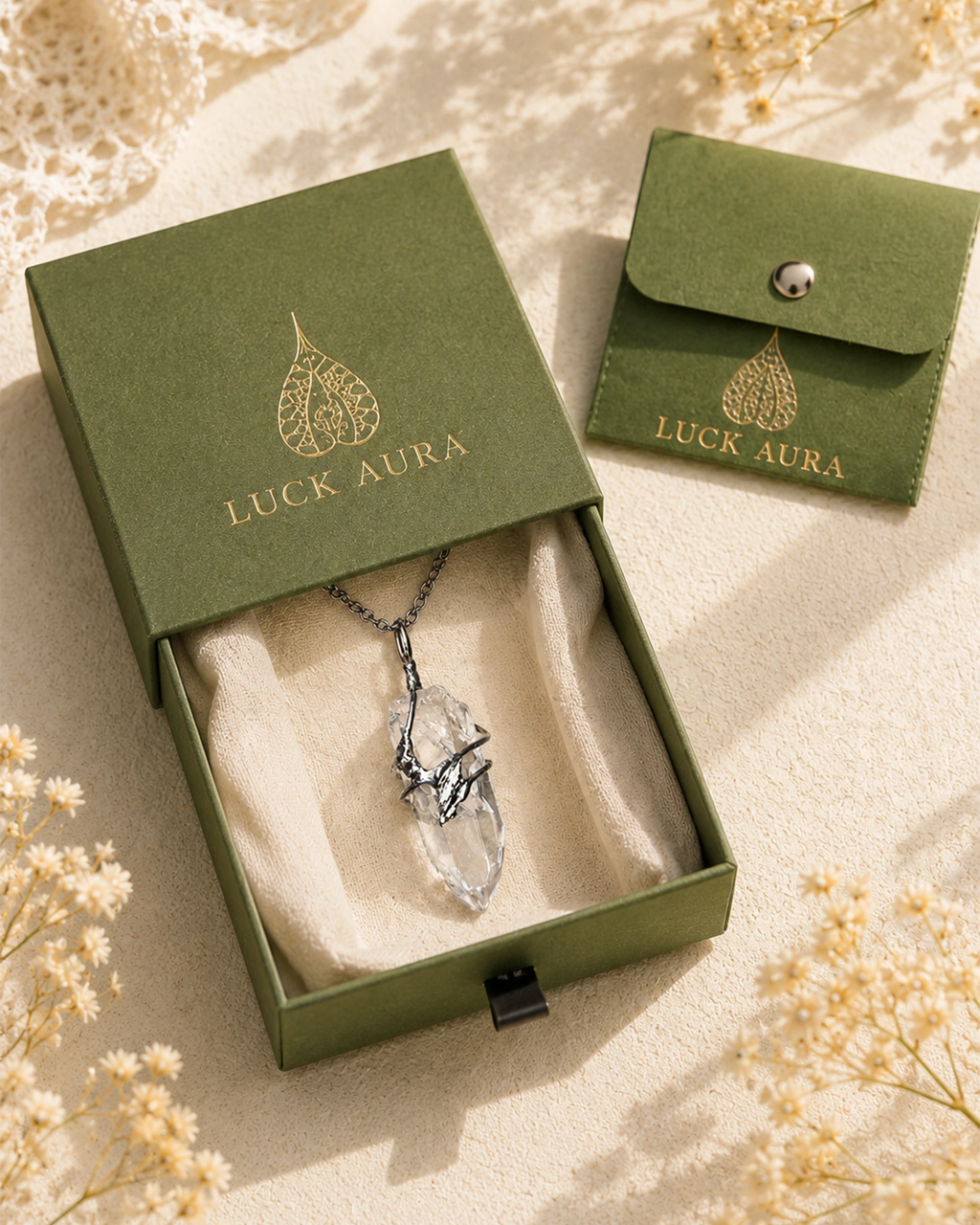 LuckAura clear quartz soldered pendant necklace presented as a meaningful crystal jewelry gift.
