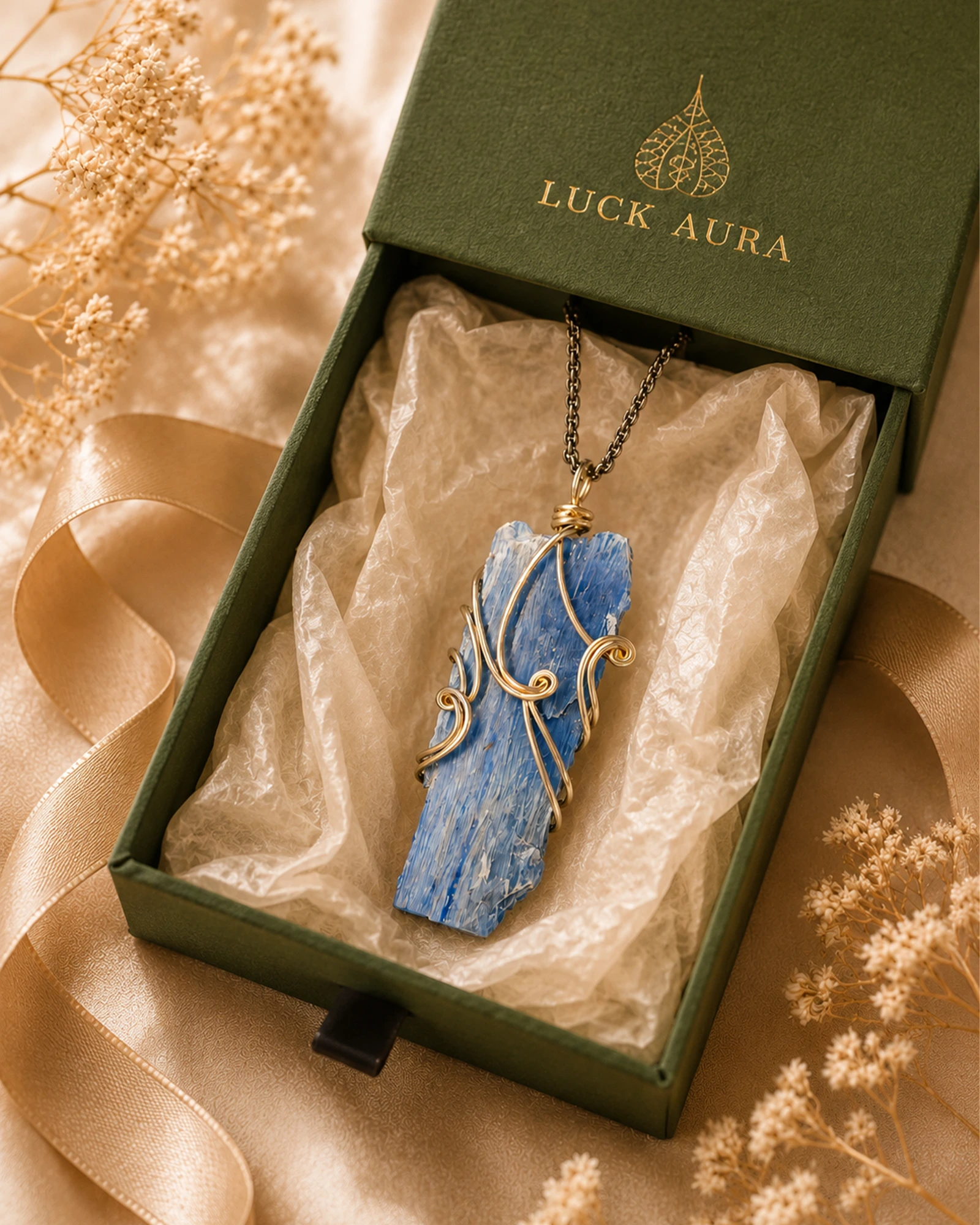LuckAura natural kyanite wire wrapped necklace presented as a thoughtful handmade crystal jewelry gift.