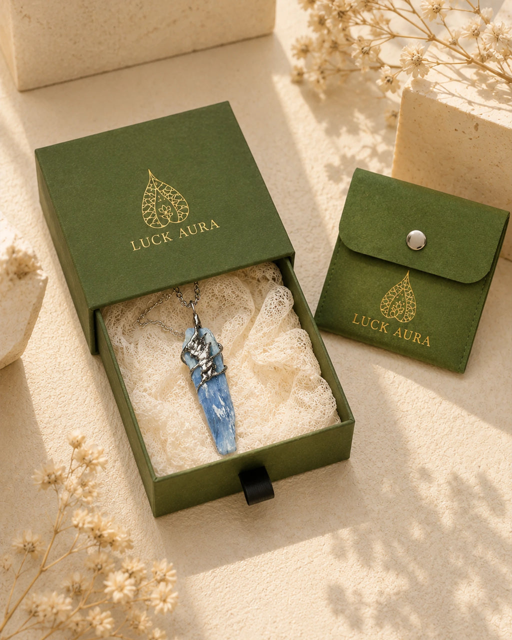 LuckAura handmade kyanite soldered pendant necklace presented as a meaningful gift for balance and communication.