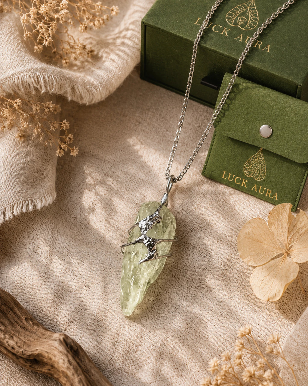 Handmade green crystal soldered pendant necklace displayed with LuckAura green gift packaging, dried flowers, and soft natural light as a meaningful jewelry gift.