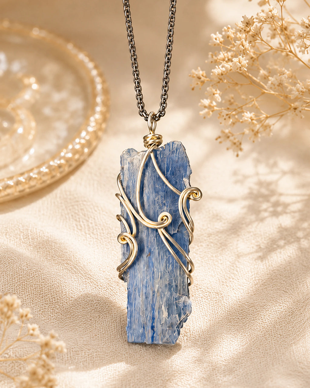 Handmade natural kyanite wire wrapped necklace symbolizing alignment, communication, and inner harmony.