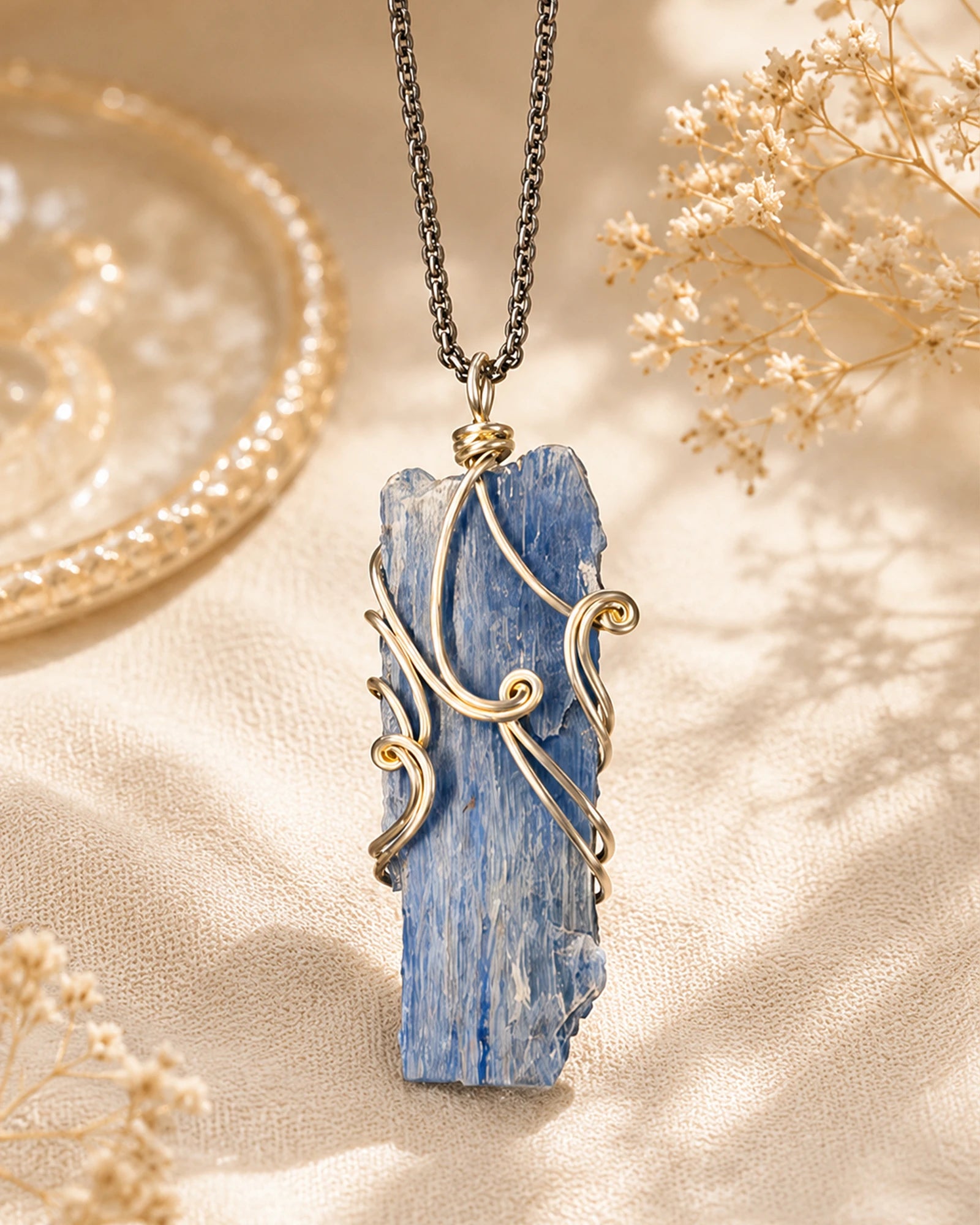 Handmade natural kyanite wire wrapped necklace symbolizing alignment, communication, and inner harmony.