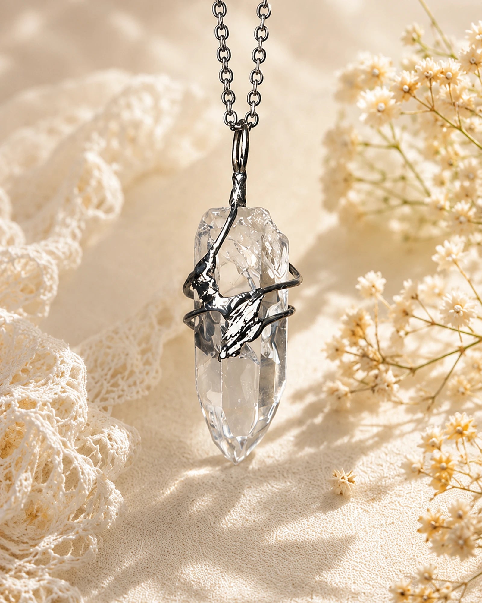 Handmade clear quartz soldered pendant necklace symbolizing clarity, amplification, and focused intention.