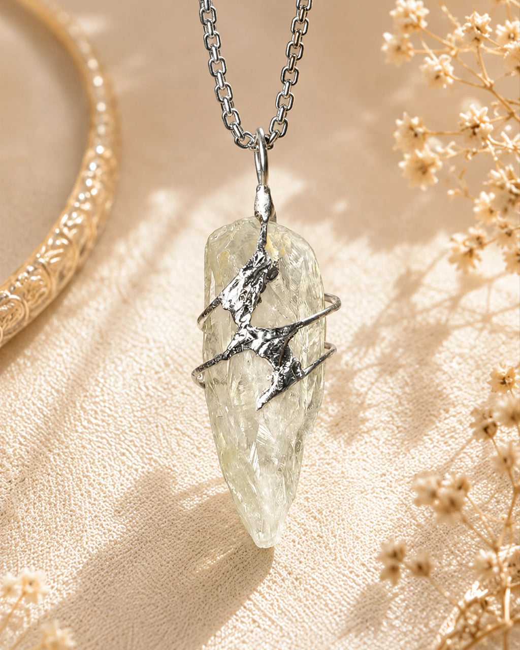 Handmade green crystal soldered pendant necklace with natural pale green crystal, symbolizing growth, renewal, and abundance.