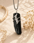 Handmade black tourmaline soldered pendant necklace with natural black crystal, symbolizing protection, grounding, and inner strength.