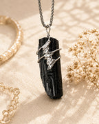 Handmade black tourmaline soldered pendant necklace with natural black crystal, symbolizing protection, grounding, and inner strength.