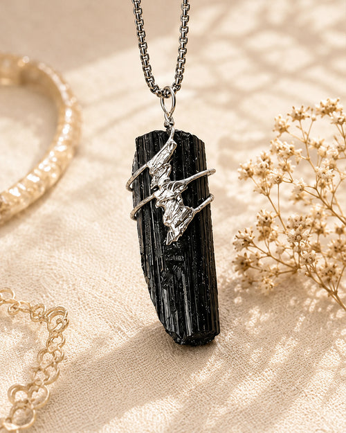 Handmade black tourmaline soldered pendant necklace with natural black crystal, symbolizing protection, grounding, and inner strength.