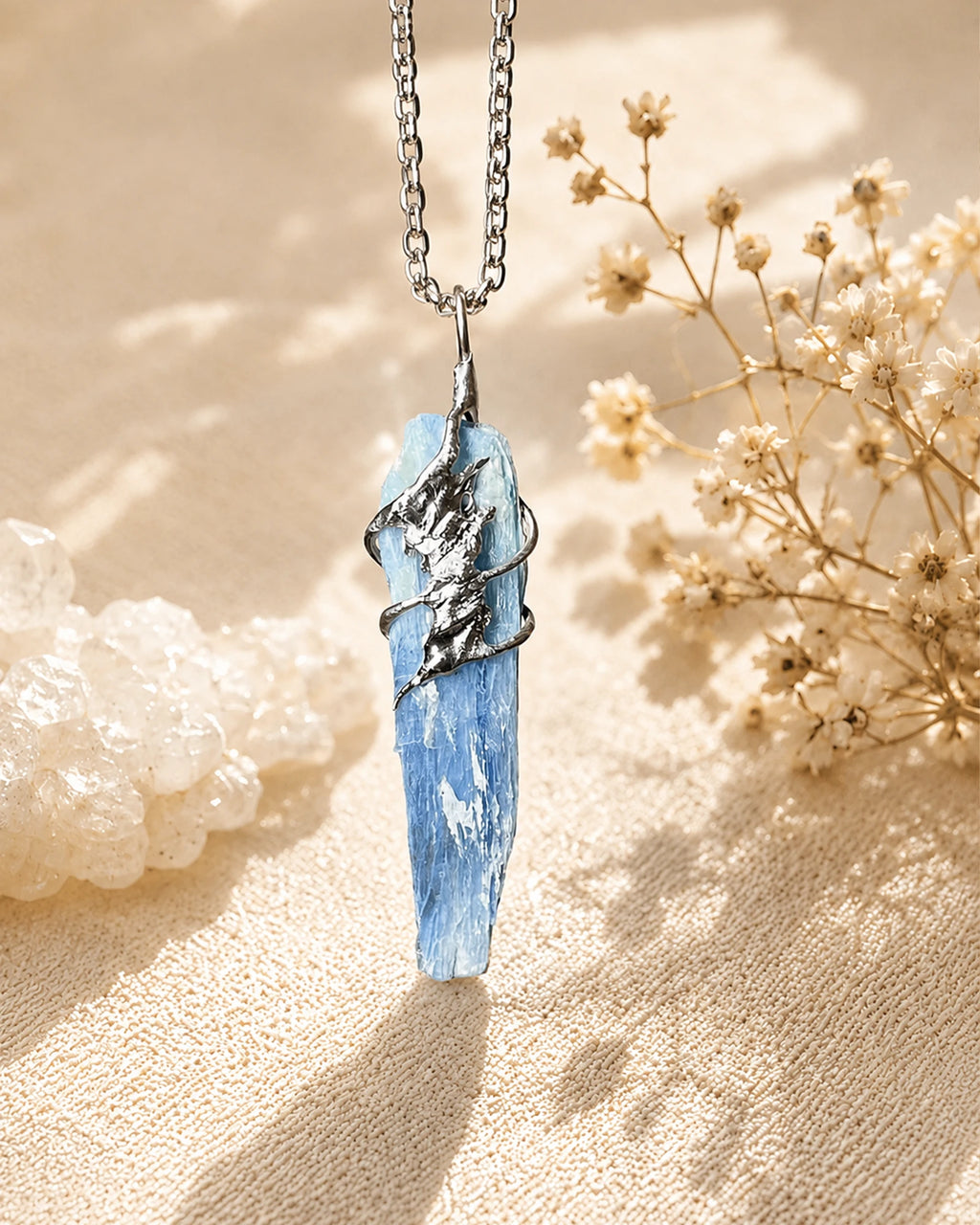 Handmade kyanite soldered pendant necklace symbolizing alignment, inner balance, calm focus, and clear communication.