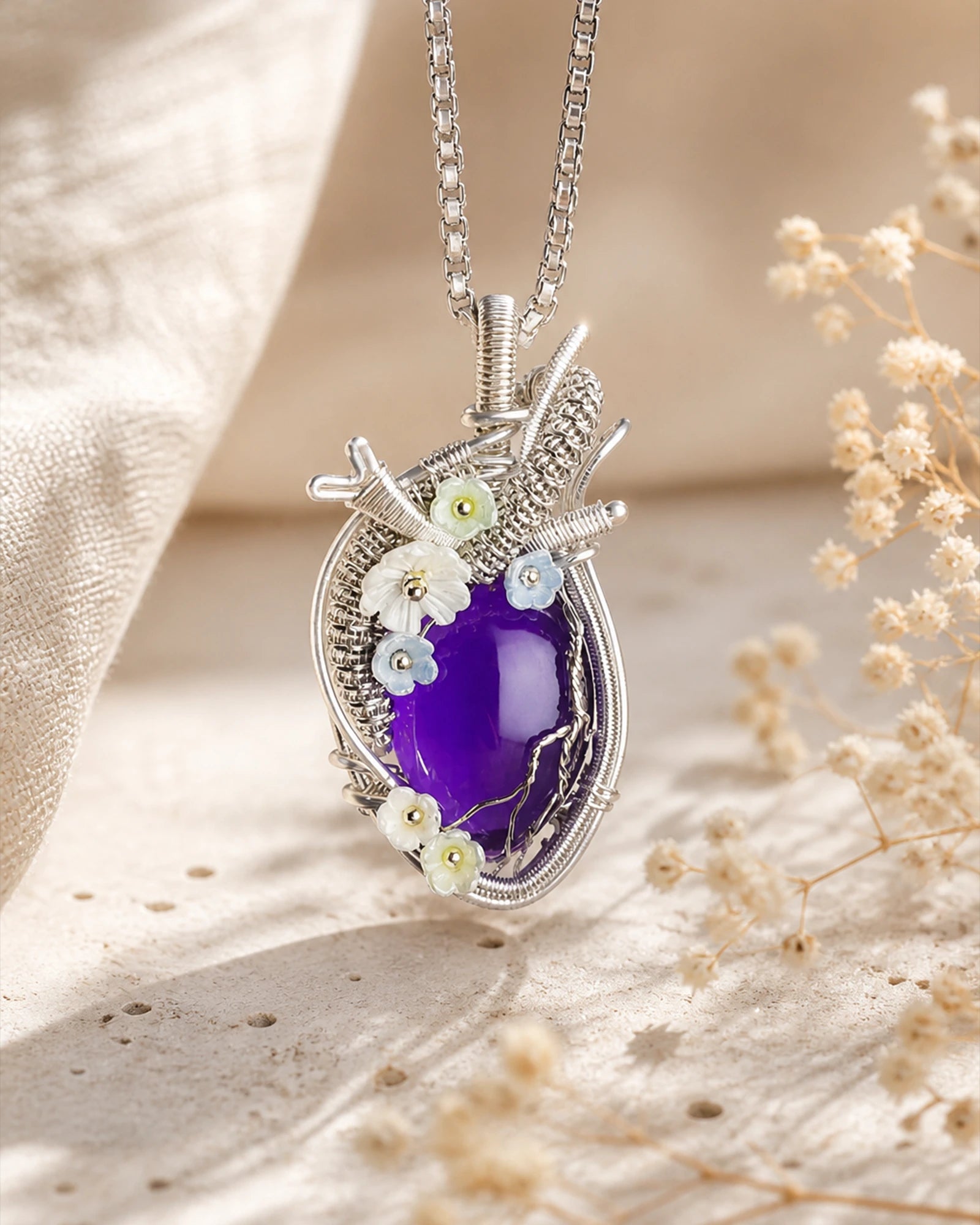 Handmade crystal heart wire wrapped necklace with natural crystal pendant, symbolizing love, emotional healing, and gentle inner connection.
