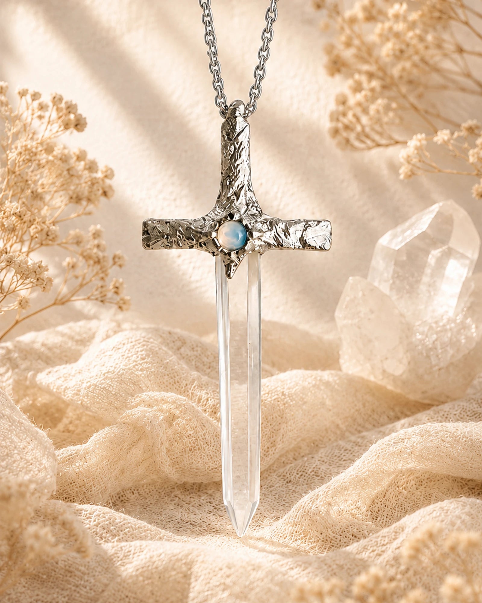 Handmade Lemurian quartz sword pendant necklace with silver-toned details, symbolizing clarity, inner strength, and focused intention.