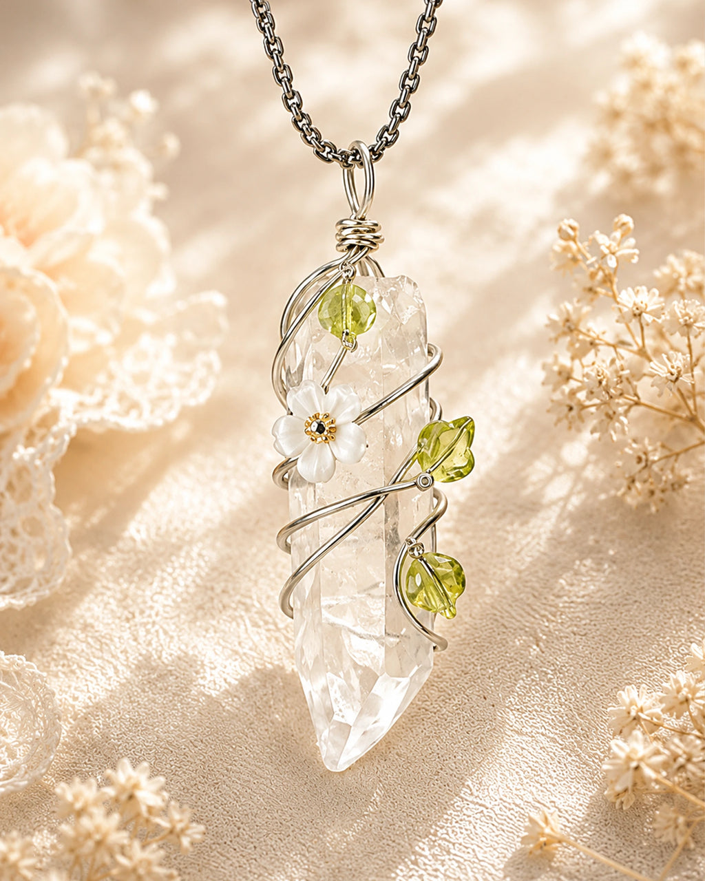 Handmade clear quartz garden wire wrapped necklace with natural crystal pendant and floral details, symbolizing clarity and spiritual growth.