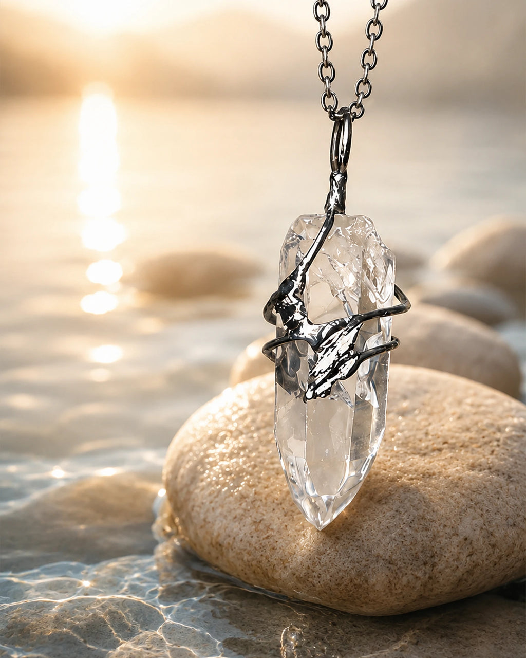 Handmade clear quartz necklace placed in natural sunlight as a symbolic piece for clarity and calm energy.