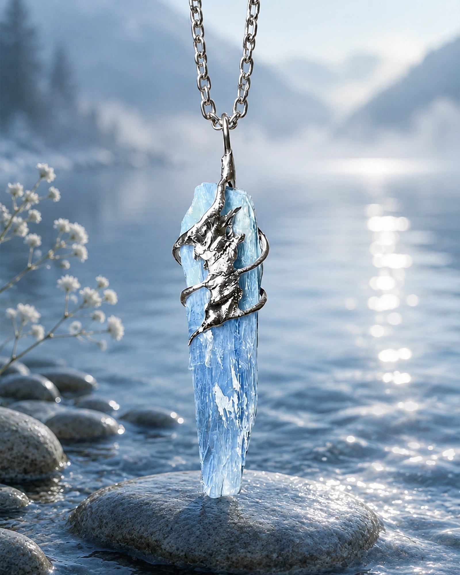 Handmade kyanite necklace placed in soft natural light to reflect peaceful blue energy and emotional balance.