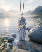 Handmade natural kyanite necklace placed in a soft natural setting to reflect calm energy and inner balance.