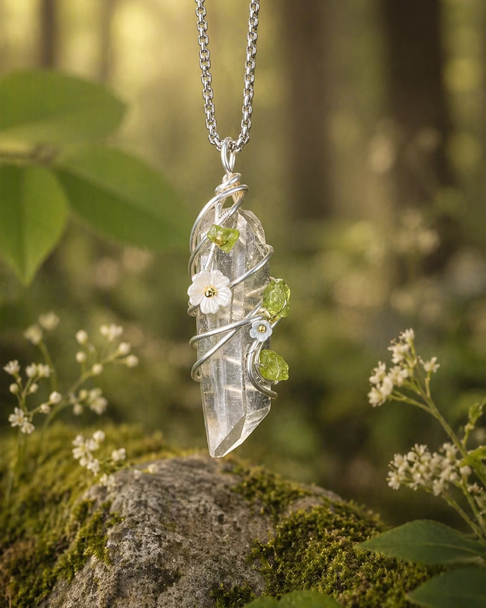 Clear quartz garden wire wrapped necklace styled in a calm natural setting with soft light, botanical details, and spiritual handmade crystal jewelry aesthetic.