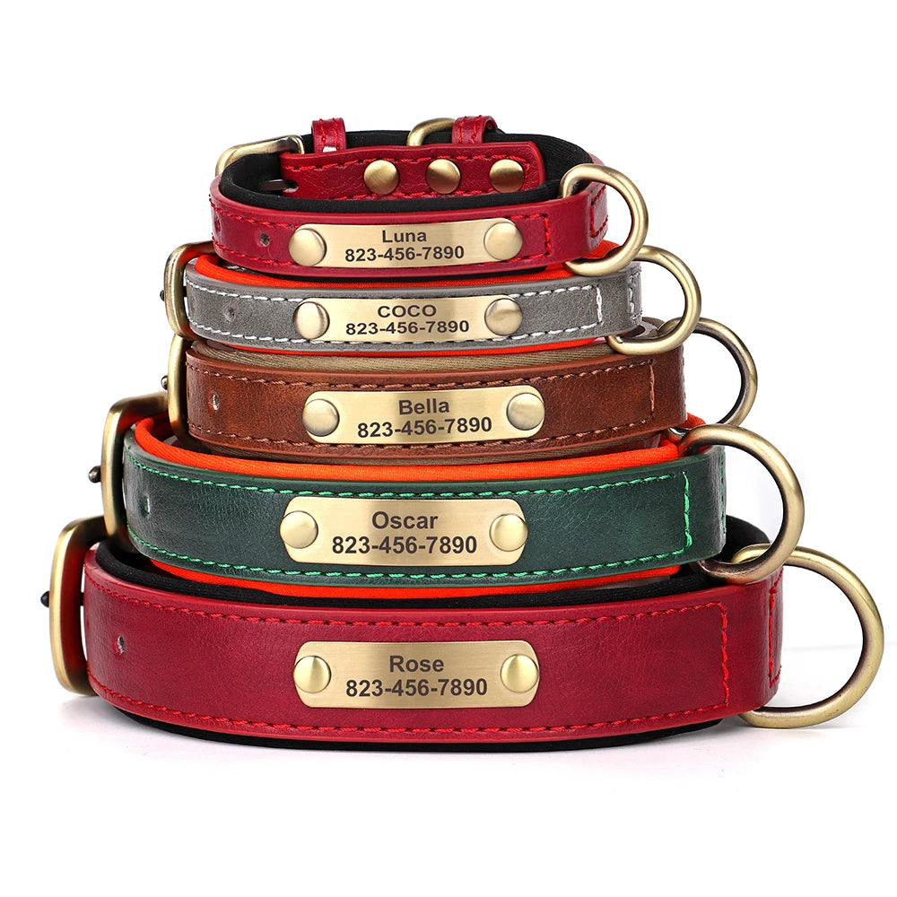 Personalized PU Leather Dog Collar – Soft Padded Adjustable Nameplate for Small, Medium & Large Dogs