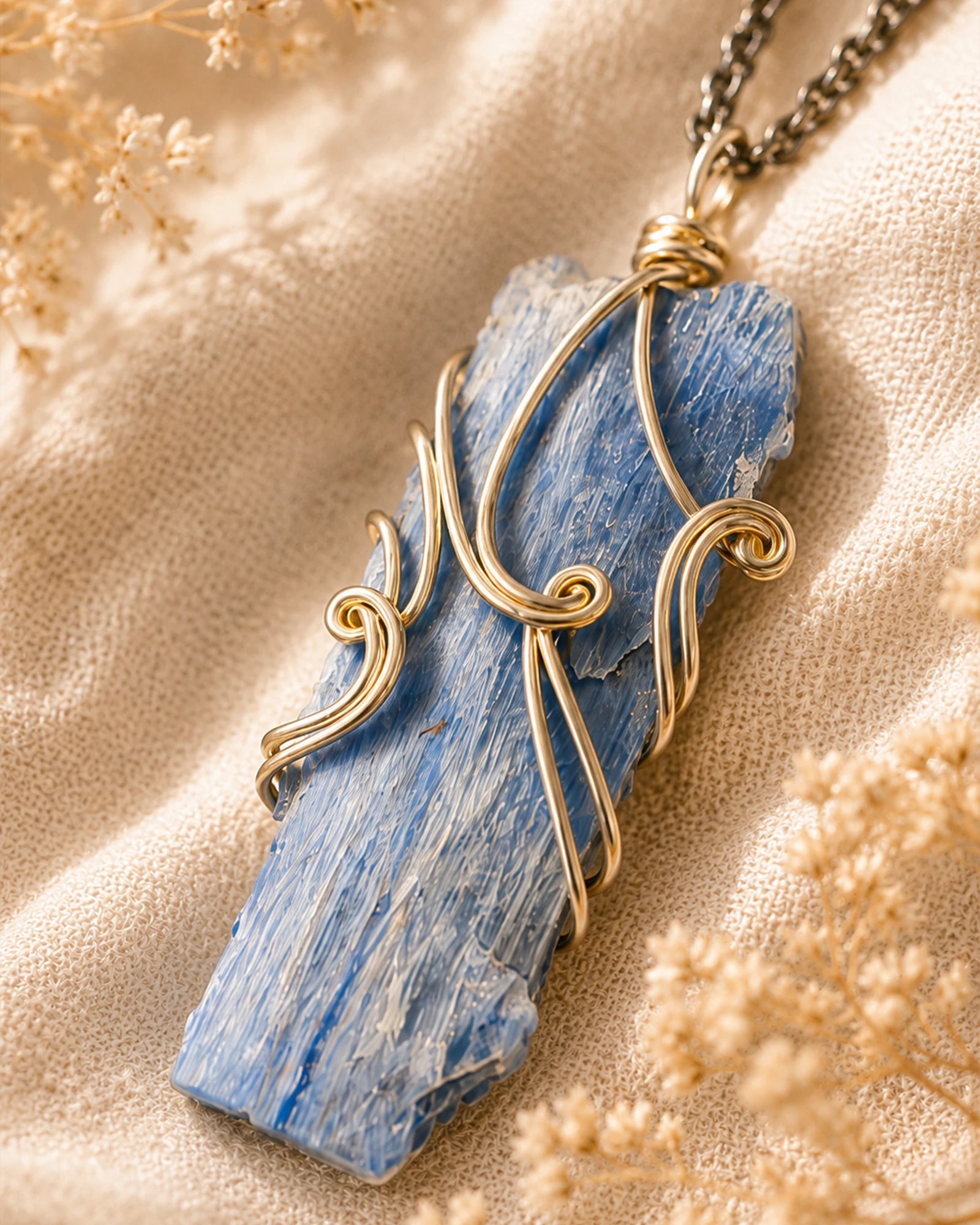 Close-up of a handmade natural kyanite wire wrapped pendant showing raw crystal texture and artisan wire details.