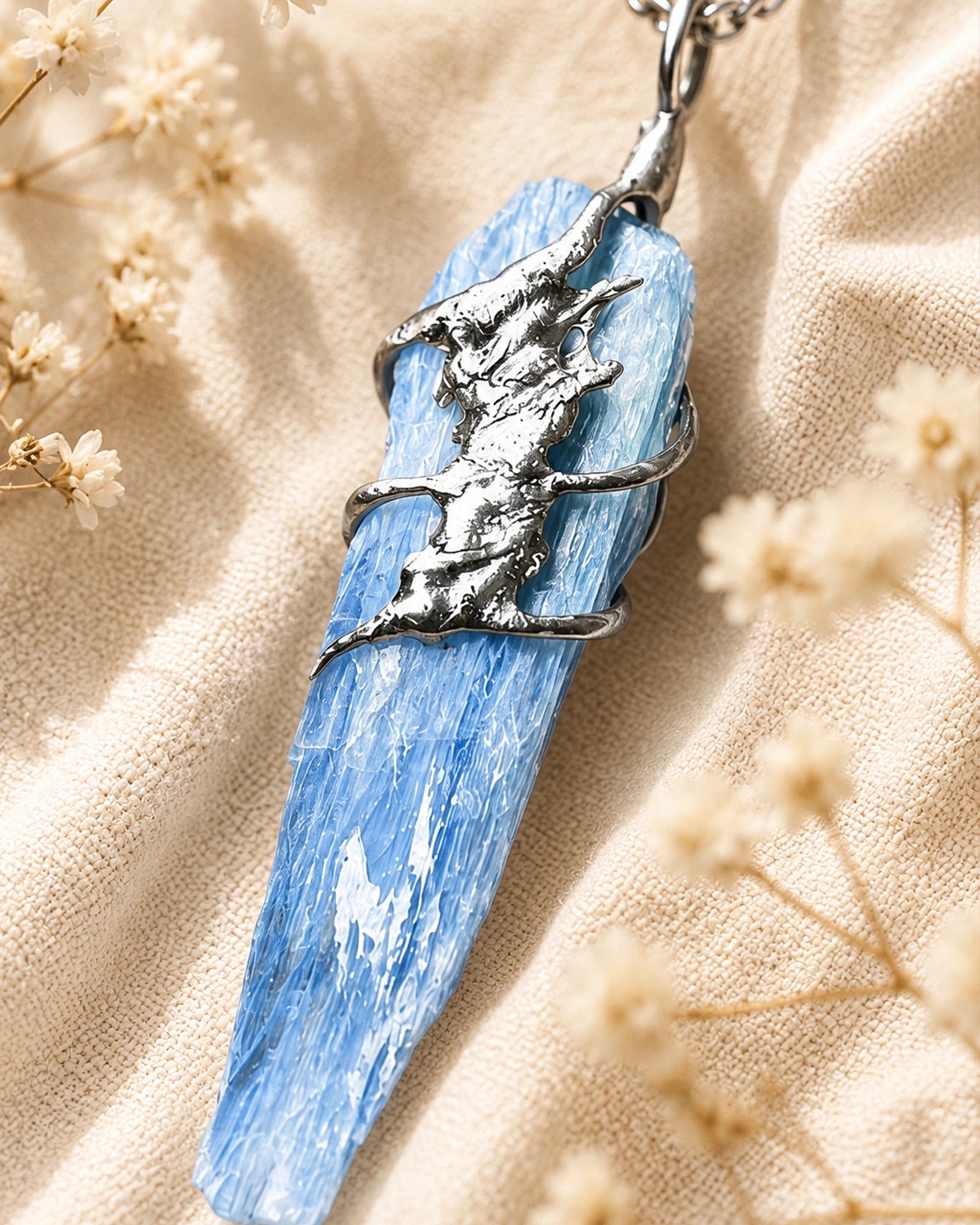 Close-up of a handmade kyanite soldered pendant showing natural blue crystal texture and artisan metal details.