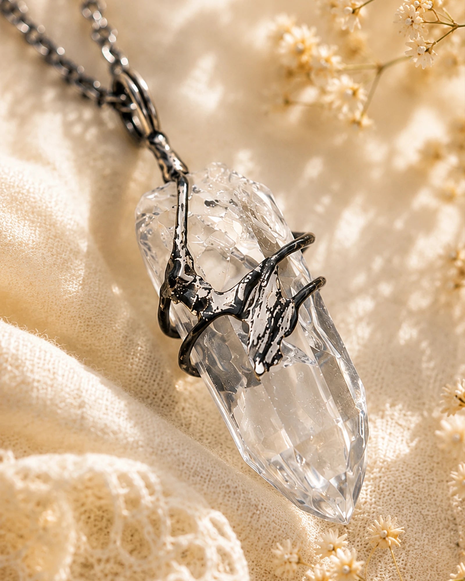Close-up of a handmade clear quartz soldered pendant showing natural crystal texture and artisan metal details.