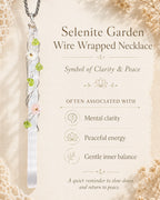 Selenite garden wire wrapped necklace meaning image highlighting clarity, peace, gentle balance, and the emotional symbolism of handmade crystal jewelry.