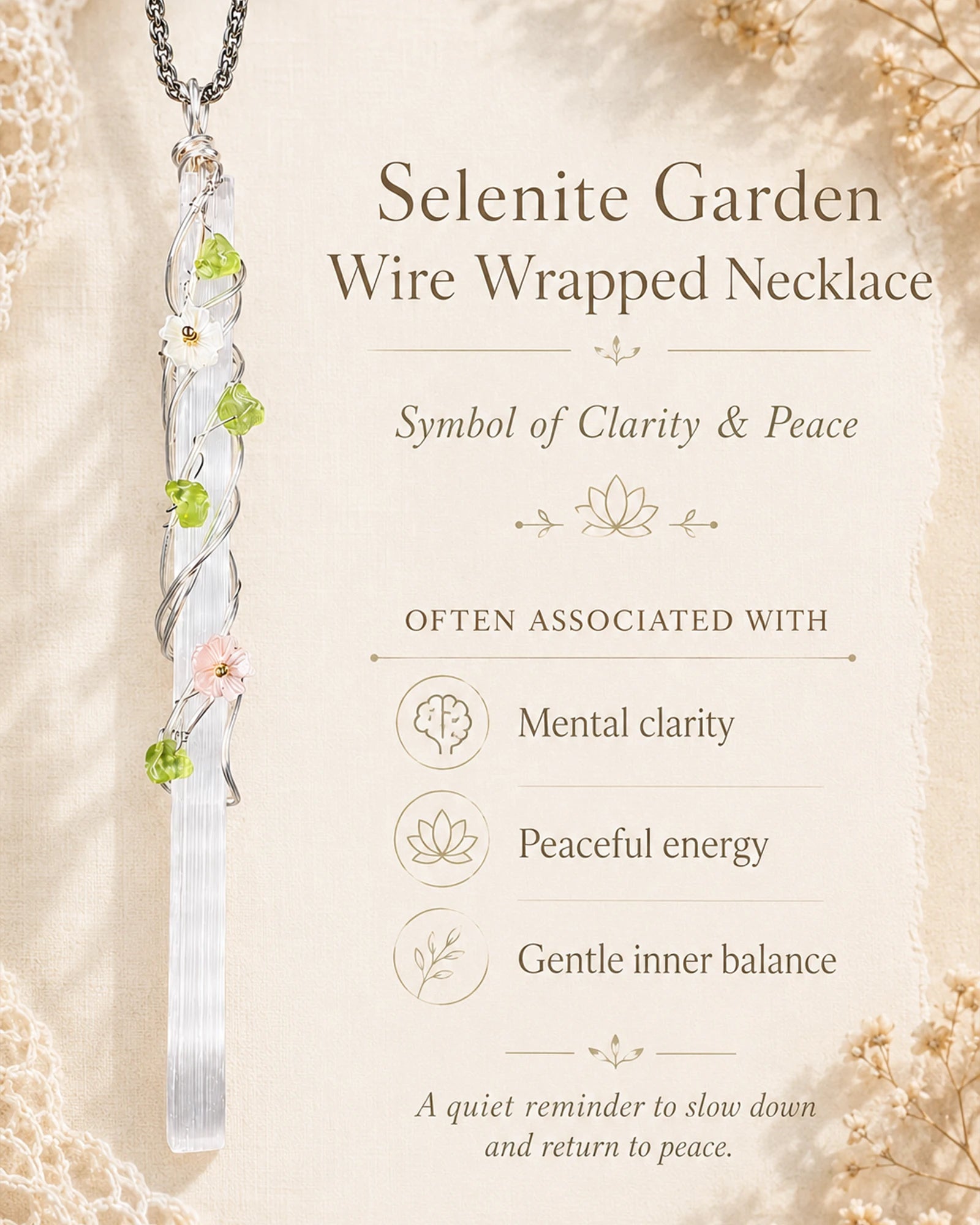 Selenite garden wire wrapped necklace meaning image highlighting clarity, peace, gentle balance, and the emotional symbolism of handmade crystal jewelry.