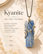 Natural kyanite crystal necklace representing alignment, honest communication, calm focus, and emotional balance.