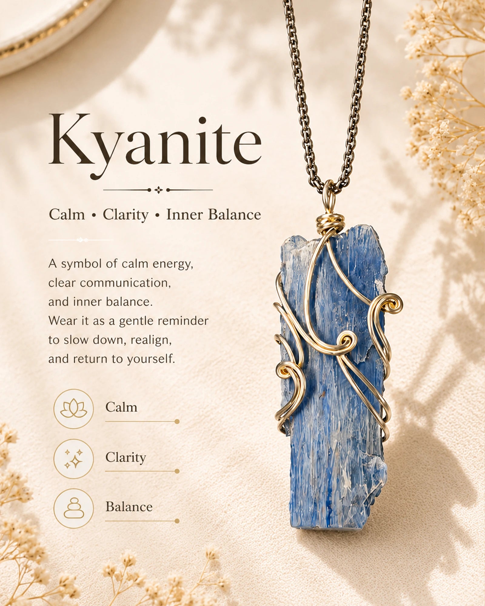 Natural kyanite crystal necklace representing alignment, honest communication, calm focus, and emotional balance.