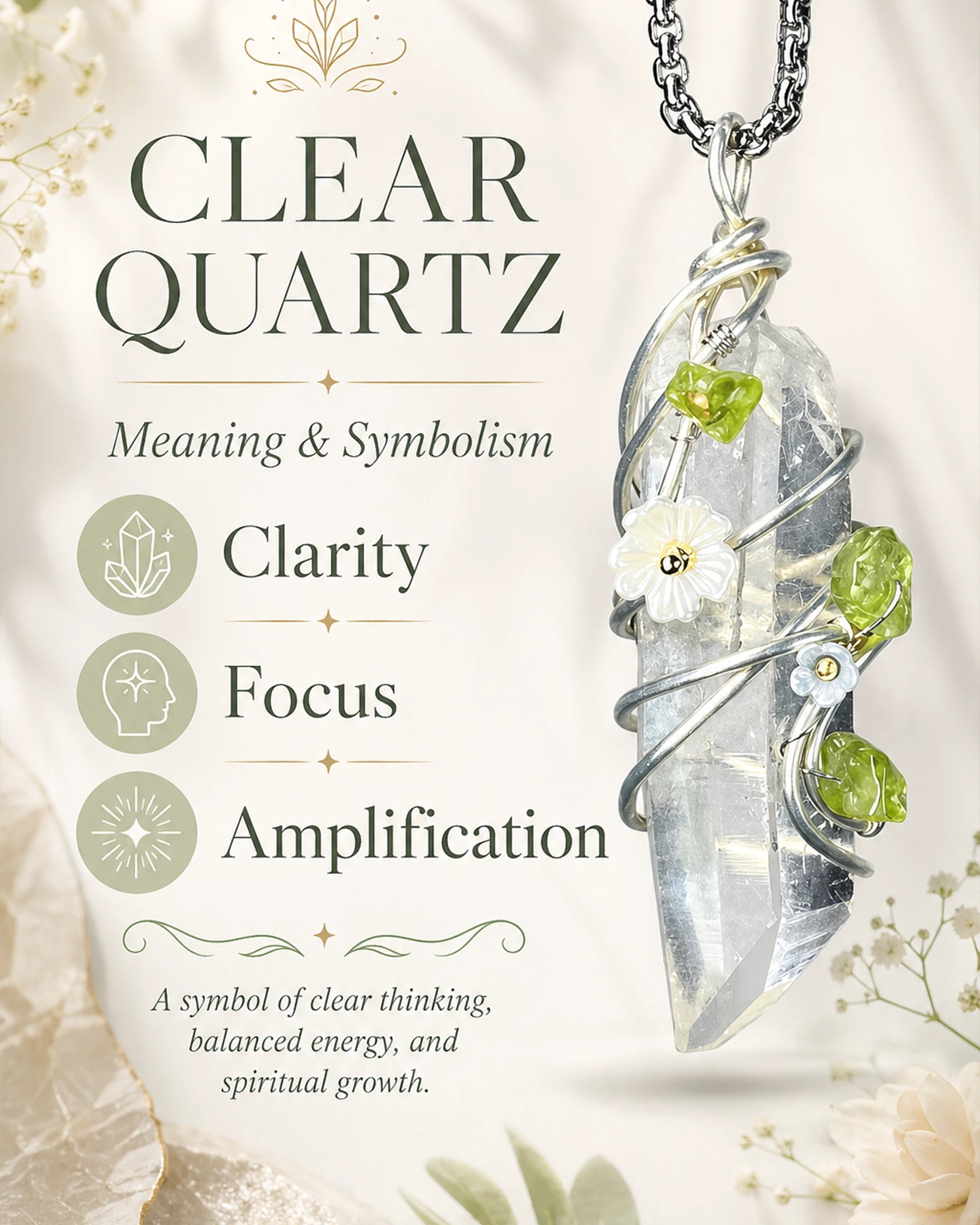 Clear quartz garden wire wrapped necklace meaning image highlighting clarity, spiritual growth, gentle intention, and the emotional symbolism of handmade crystal jewelry.