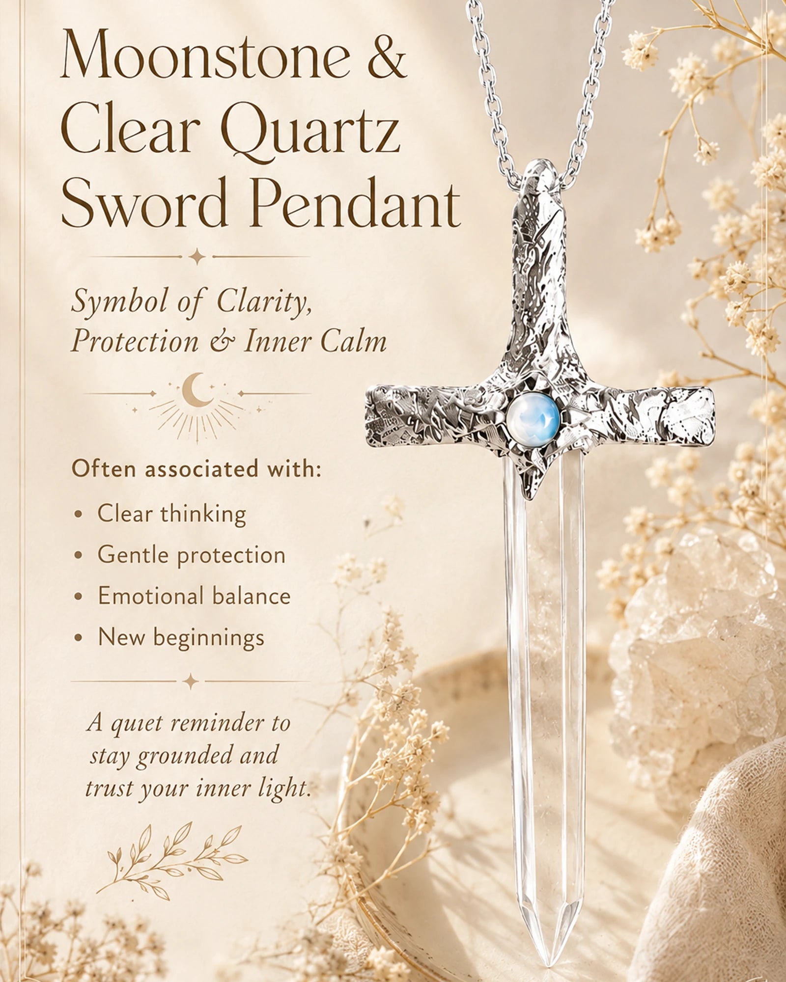 Lemurian quartz sword pendant necklace meaning image highlighting clarity, inner strength, focused energy, and the emotional symbolism of handmade crystal jewelry.