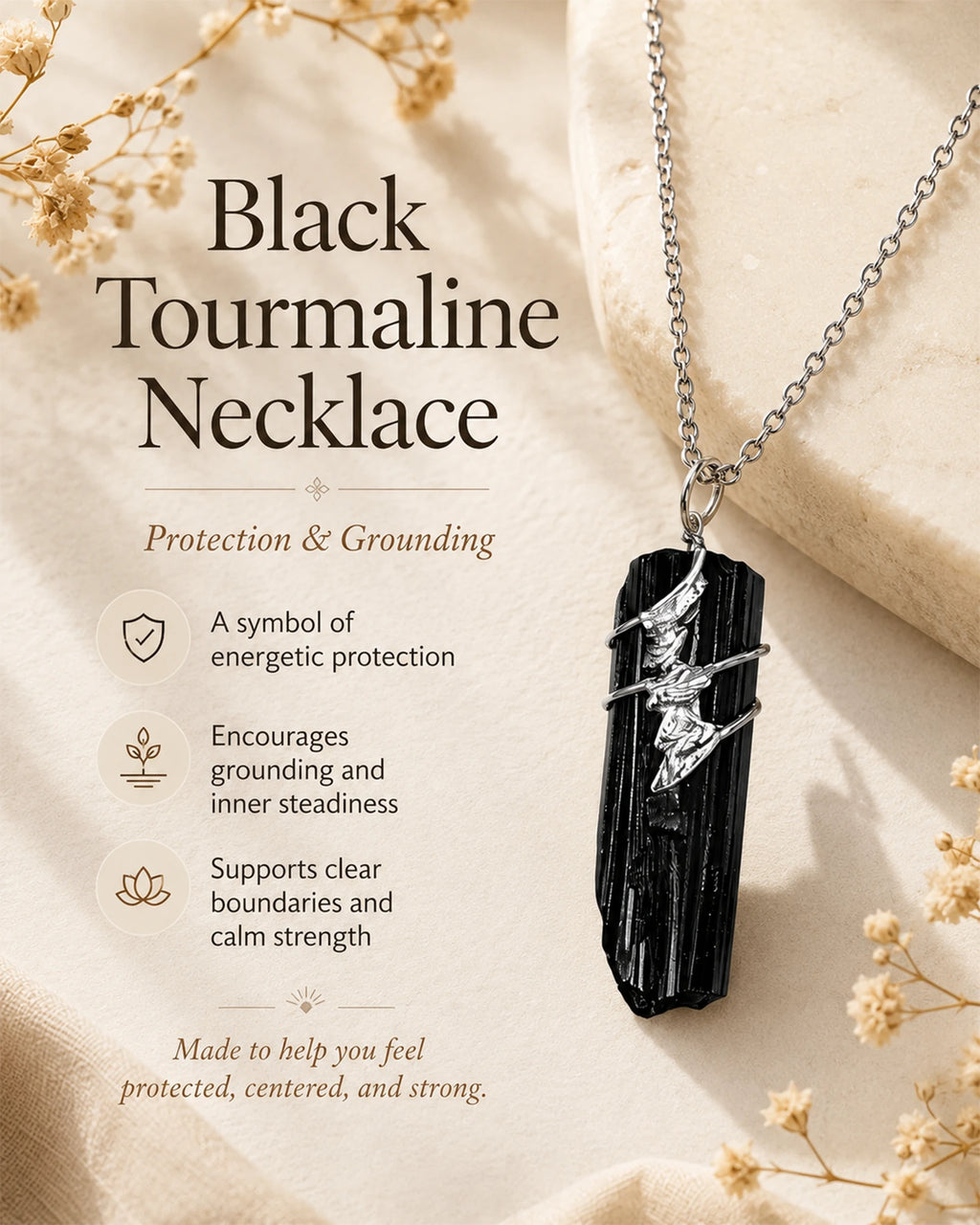 Black tourmaline soldered pendant necklace meaning image highlighting protection, grounding, inner strength, boundaries, and the emotional symbolism of handmade crystal jewelry.
