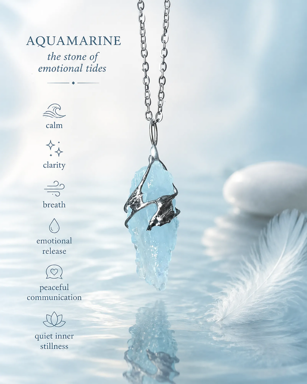 Glacial blue crystal necklace meaning image highlighting calm, clarity, emotional balance, inner stillness, and the symbolism of handmade crystal jewelry.