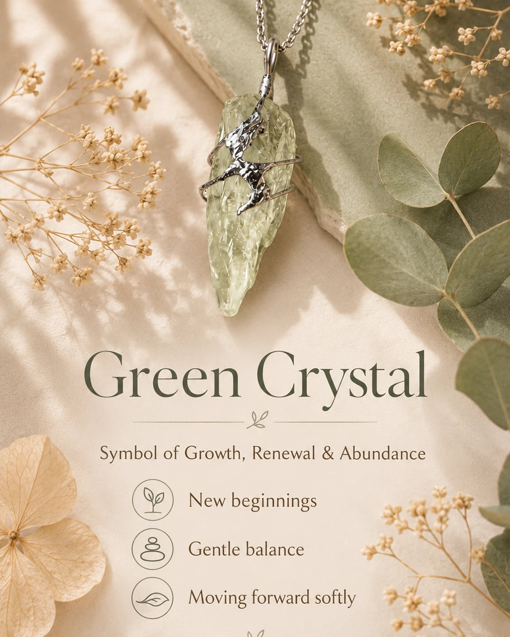 Green crystal soldered pendant necklace meaning image highlighting growth, renewal, abundance, new beginnings, and the emotional symbolism of handmade crystal jewelry.