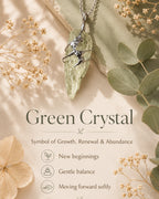 Green crystal soldered pendant necklace meaning image highlighting growth, renewal, abundance, new beginnings, and the emotional symbolism of handmade crystal jewelry.