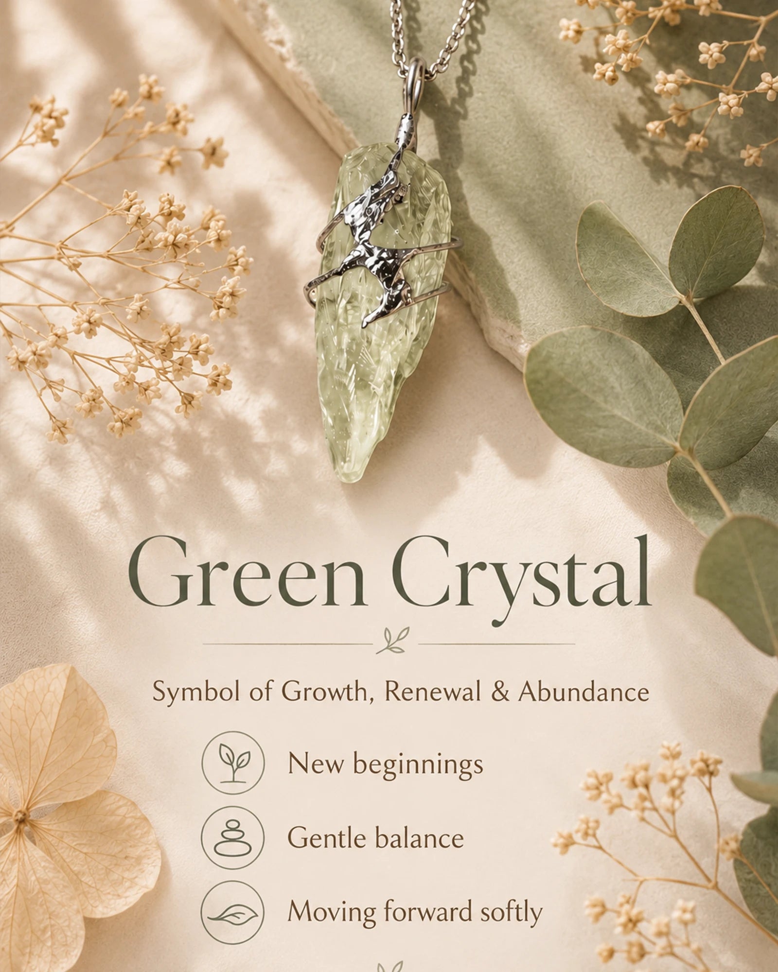 Green crystal soldered pendant necklace meaning image highlighting growth, renewal, abundance, new beginnings, and the emotional symbolism of handmade crystal jewelry.