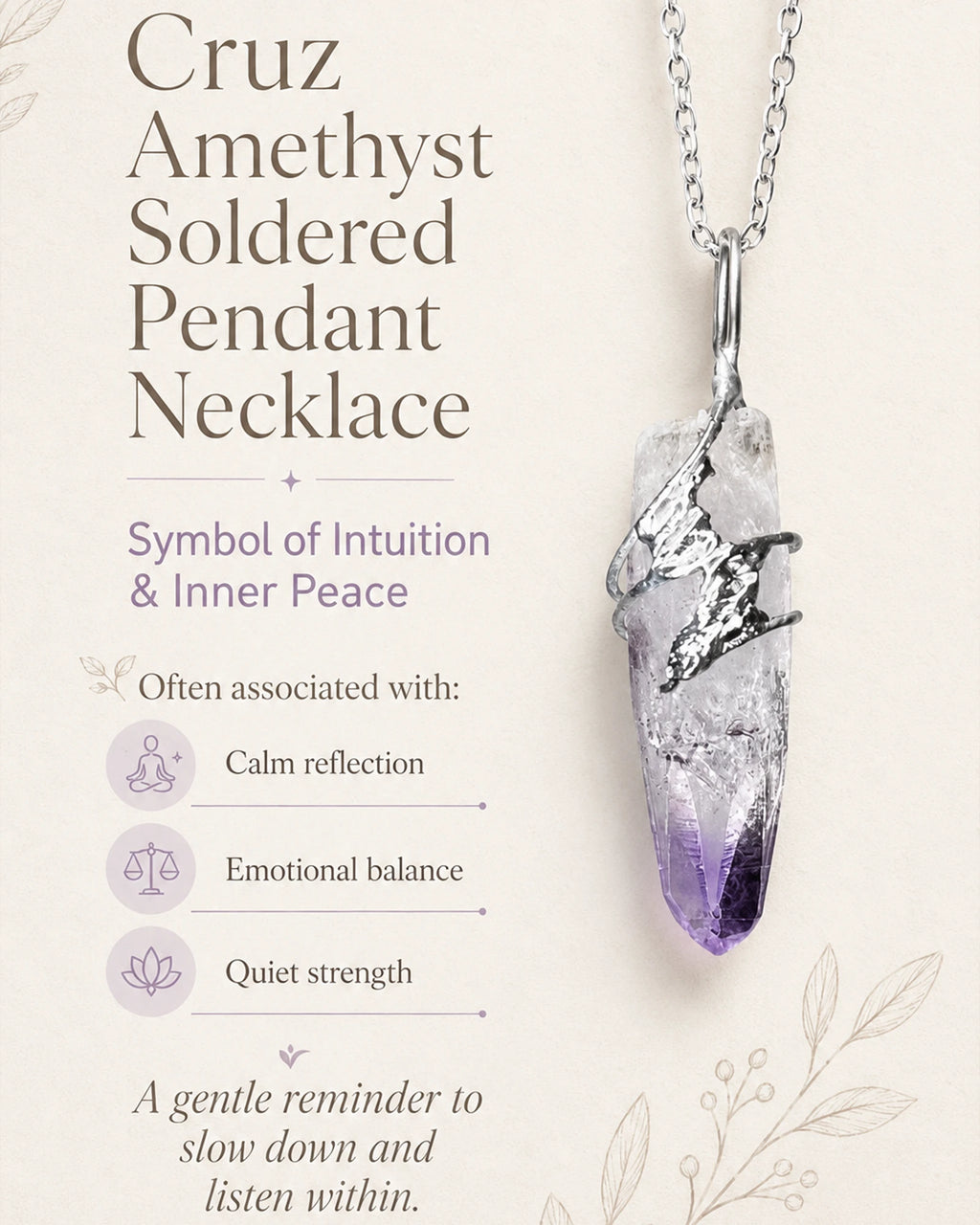 Cruz amethyst soldered pendant necklace meaning image highlighting intuition, inner peace, emotional balance, and the symbolic energy of handmade crystal jewelry.