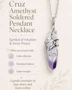 Cruz amethyst soldered pendant necklace meaning image highlighting intuition, inner peace, emotional balance, and the symbolic energy of handmade crystal jewelry.