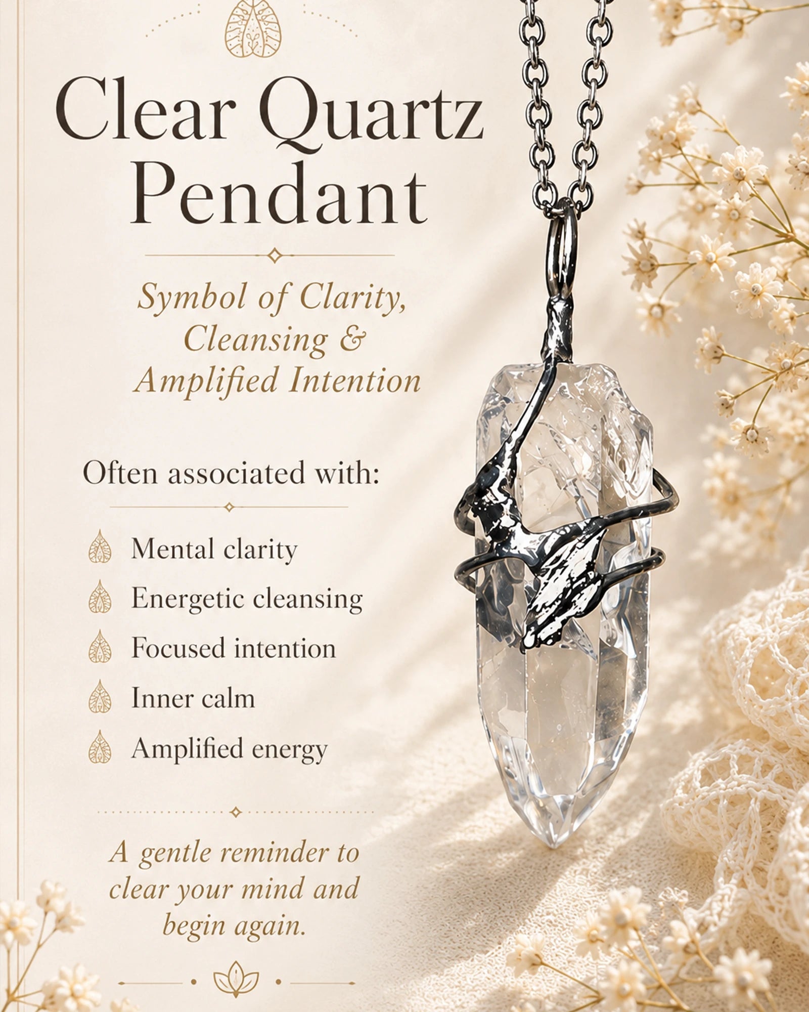Clear quartz crystal necklace representing clarity, amplification, fresh energy, and mindful daily intention.