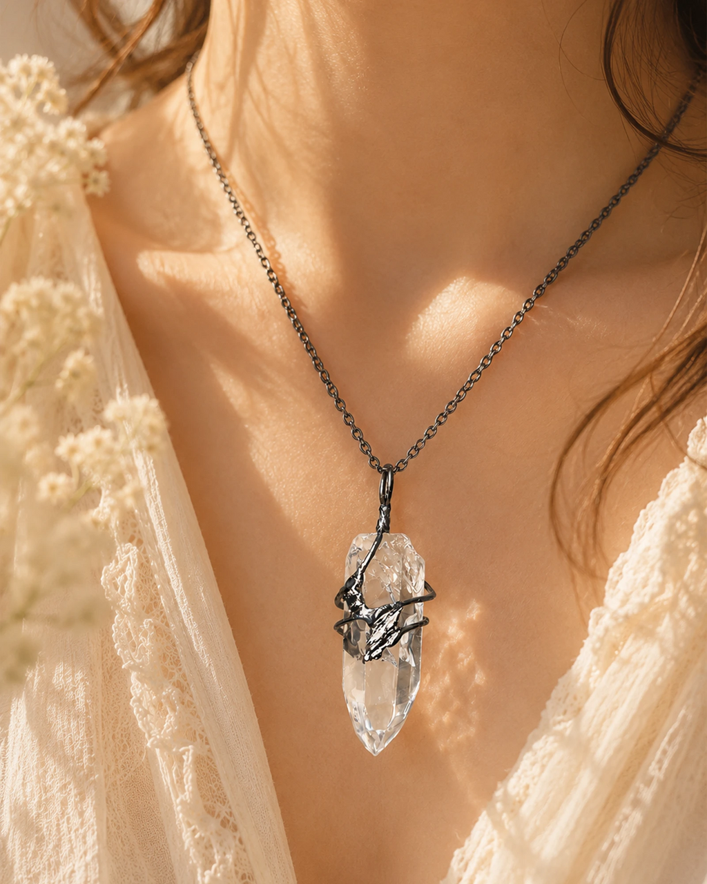 Clear quartz soldered pendant necklace worn as a symbolic crystal jewelry piece for clarity and intention.
