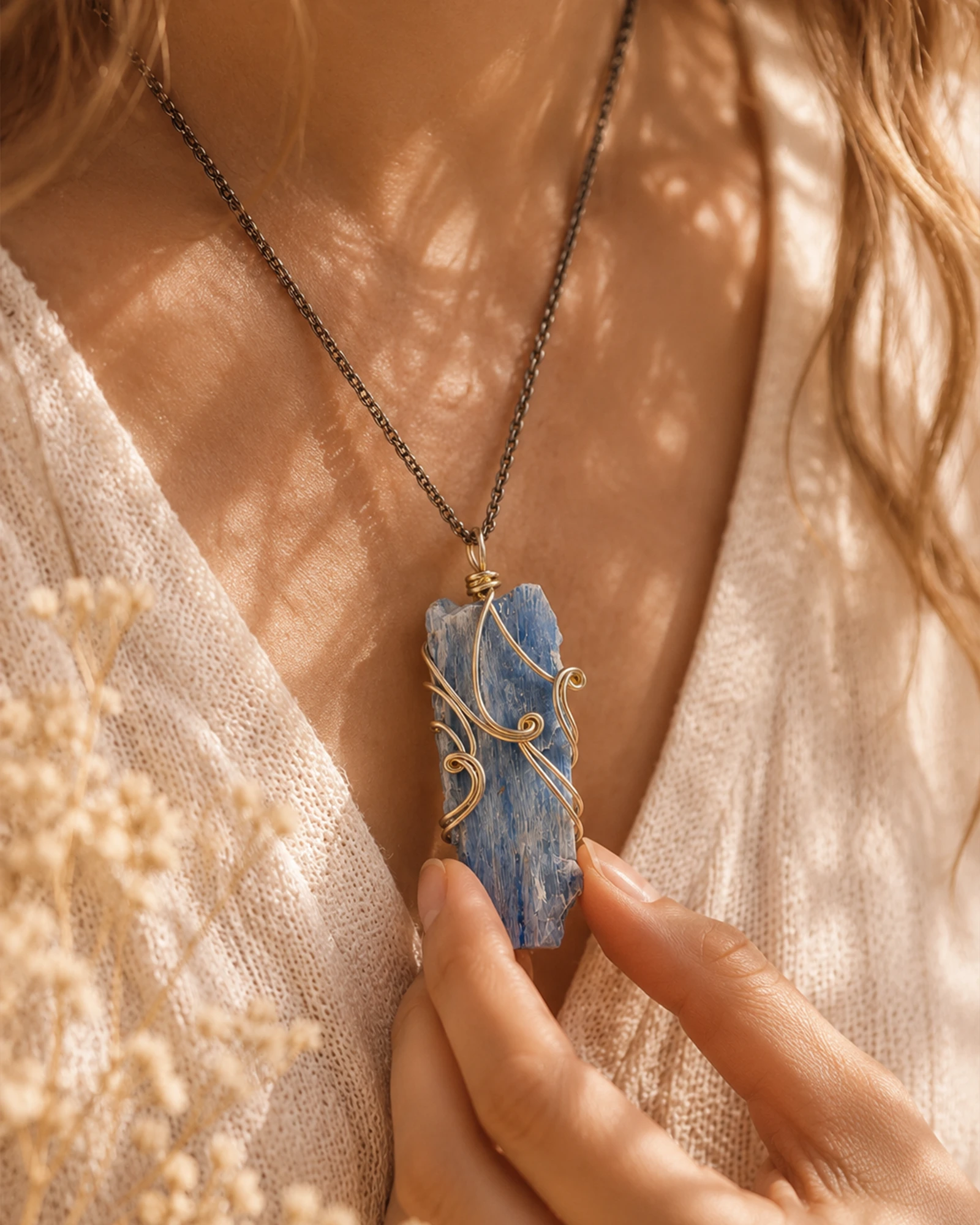 Natural kyanite wire wrapped necklace worn as a meaningful crystal jewelry piece for alignment and clear communication.